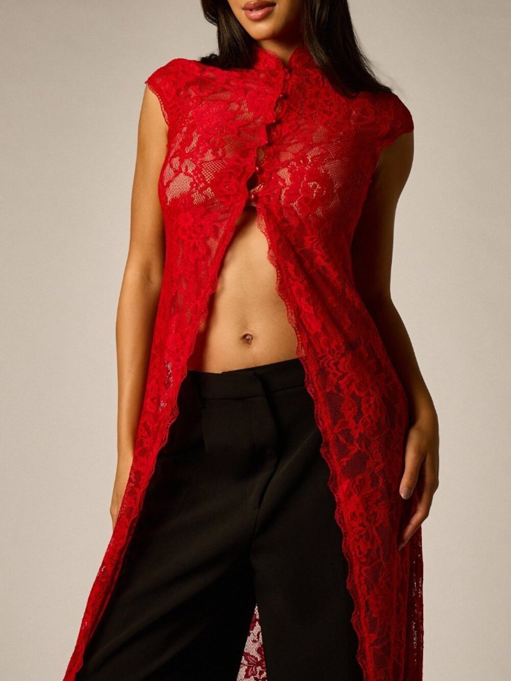 Red Party Women's Floral Lace Longline Open Front Duster Top - Picture 3 of 5